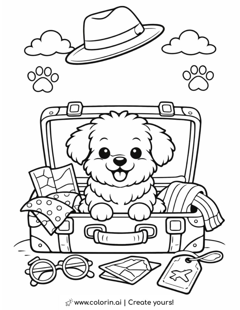 dog sitting in a travel suitcase coloring page with a fluffy puppy inside an open suitcase with travel items