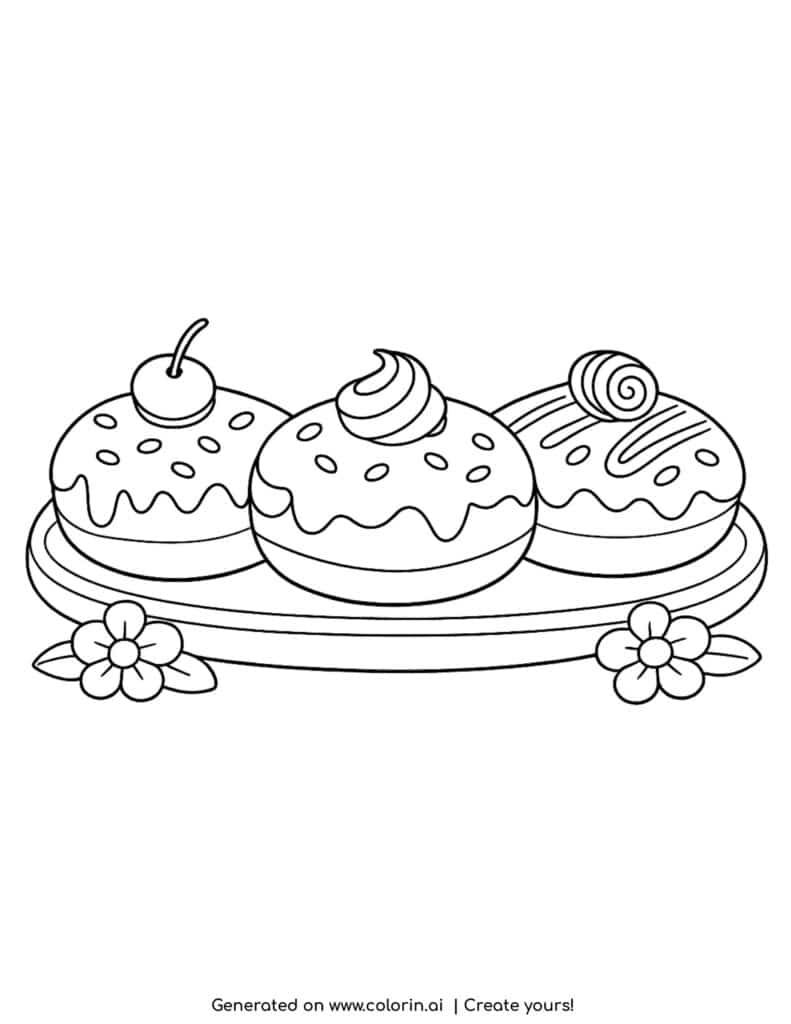 tray with three decorated donuts and flowers coloring page