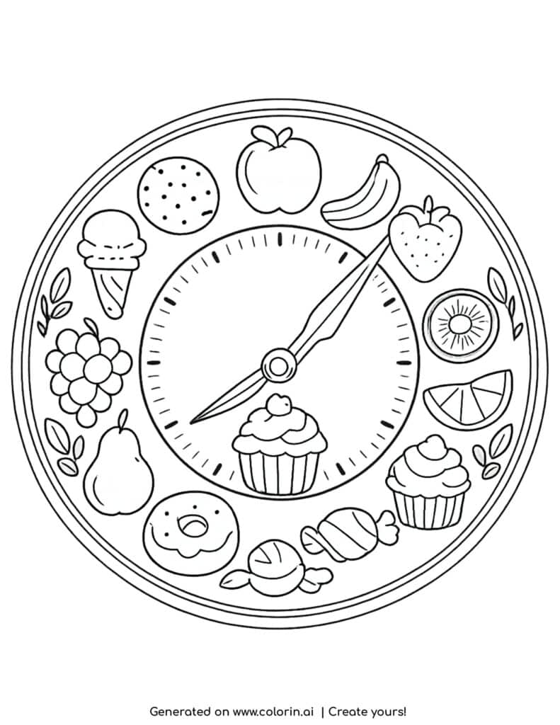 wall clock with fruits cupcakes and sweets as numbers coloring page