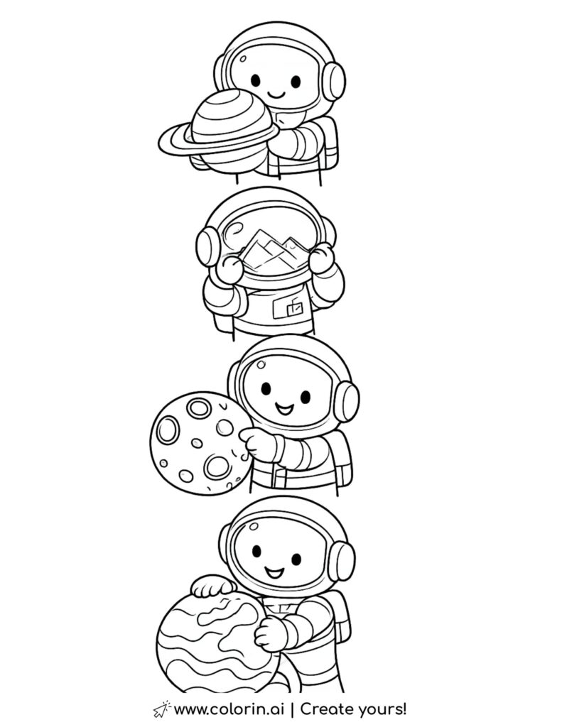 four astronauts exploring different planets coloring page with rings craters and ocean planet