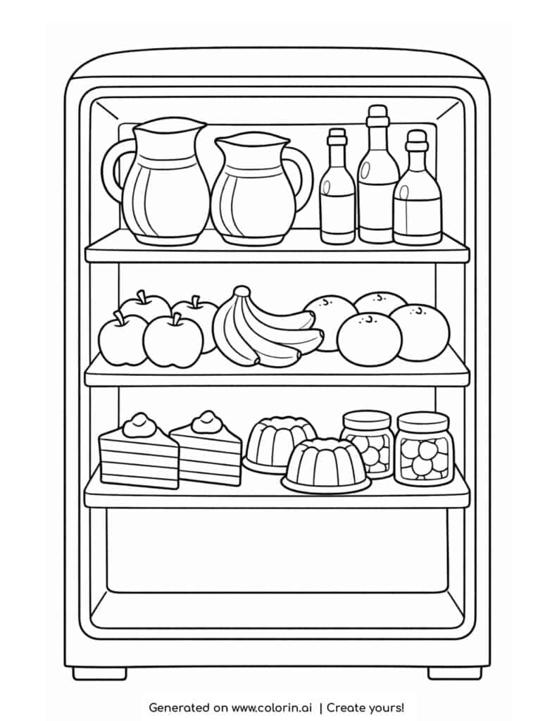 open refrigerator with fruits drinks desserts and jars coloring page