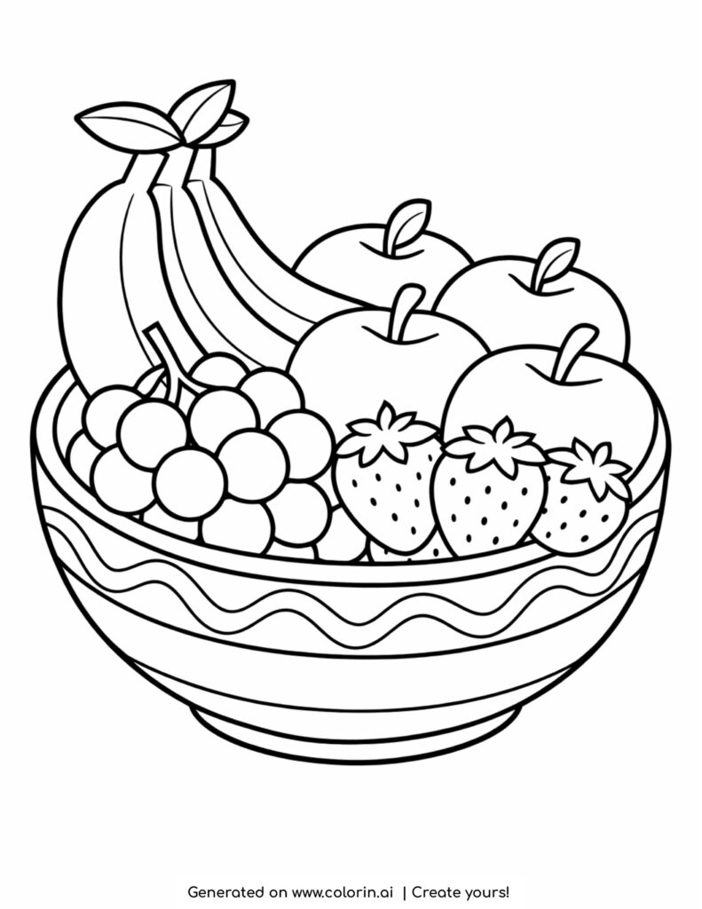 fruit bowl with bananas apples grapes and strawberries coloring page