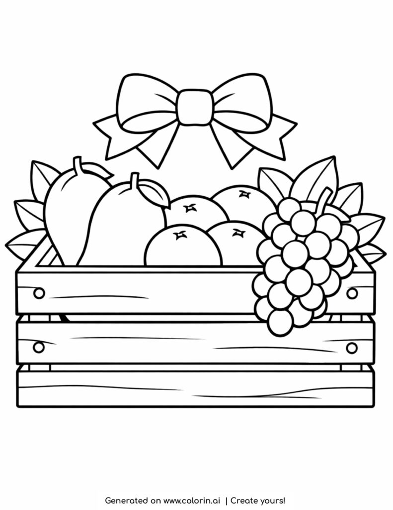wooden crate with mangoes oranges grapes and bow coloring page