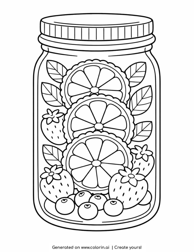 glass jar with orange slices strawberries and berries coloring page