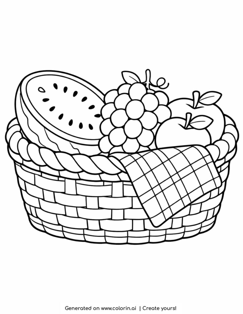 picnic basket with watermelon grapes apples and cloth coloring page