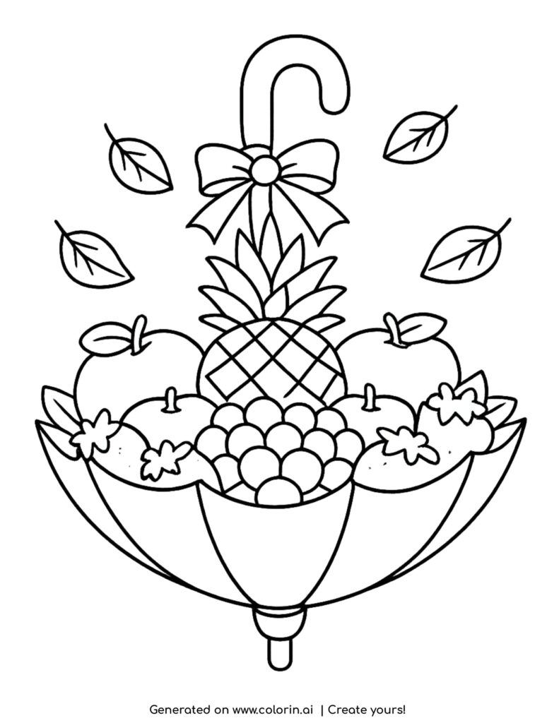 umbrella filled with fruits pineapple apples grapes strawberries coloring page