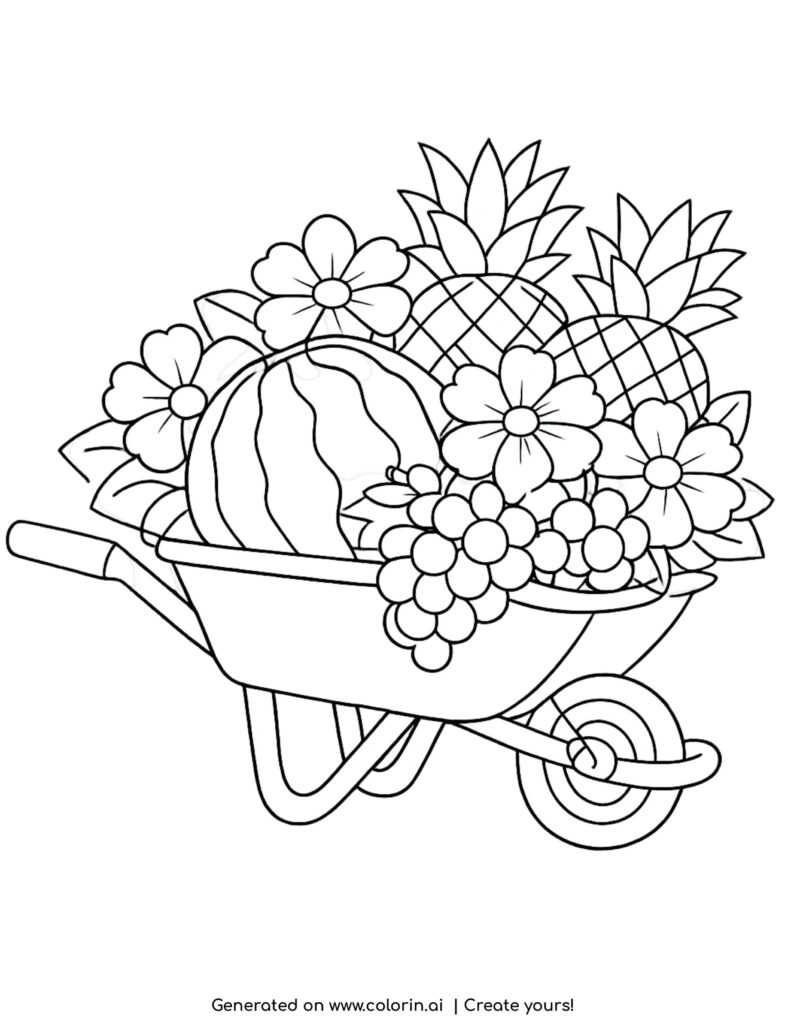 wheelbarrow filled with watermelon pineapples grapes and flowers coloring page