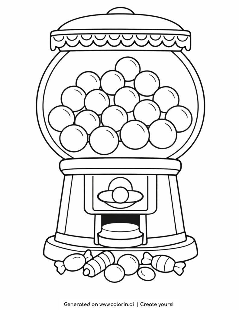 vintage gumball machine with candy balls and sweets coloring page