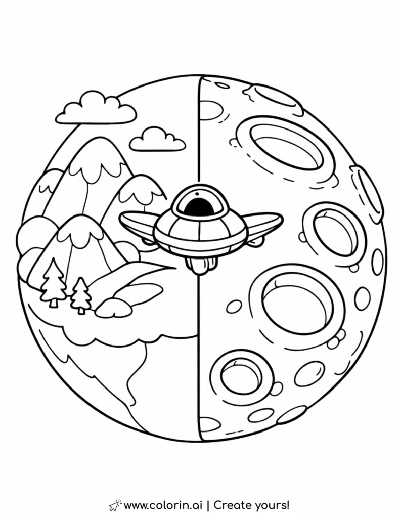 planet divided into mountain landscape and crater moon with UFO coloring page