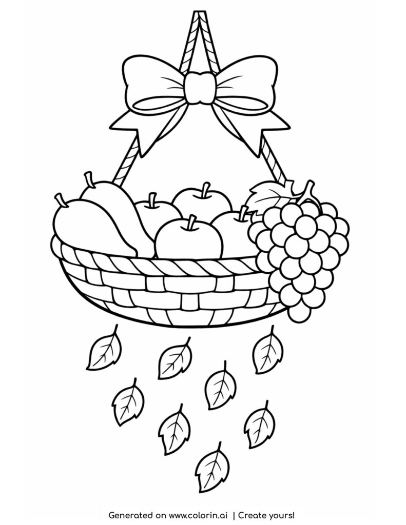 hanging basket with apples mangoes grapes and falling leaves coloring page