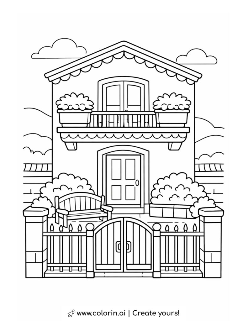 house with balcony and front gate coloring page featuring decorative fence and garden coloring page