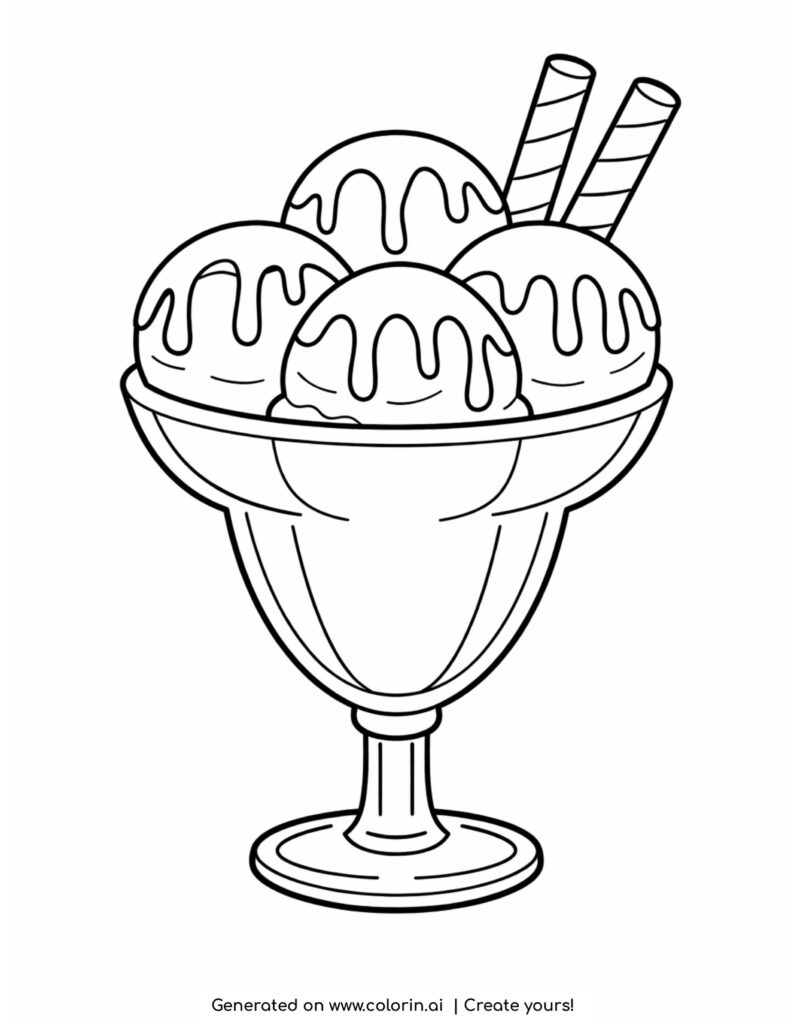 ice cream bowl with three scoops syrup and wafer sticks coloring page