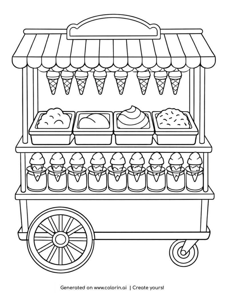 ice cream cart with cones scoops and toppings coloring page