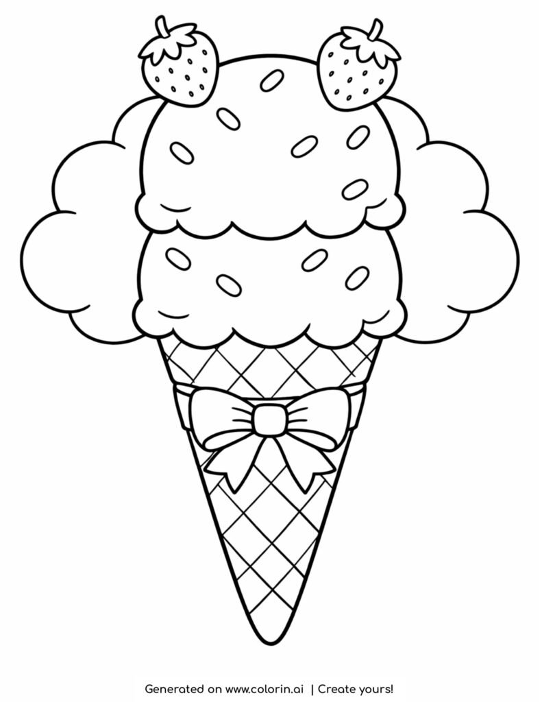 double scoop ice cream cone with strawberries sprinkles and bow coloring page