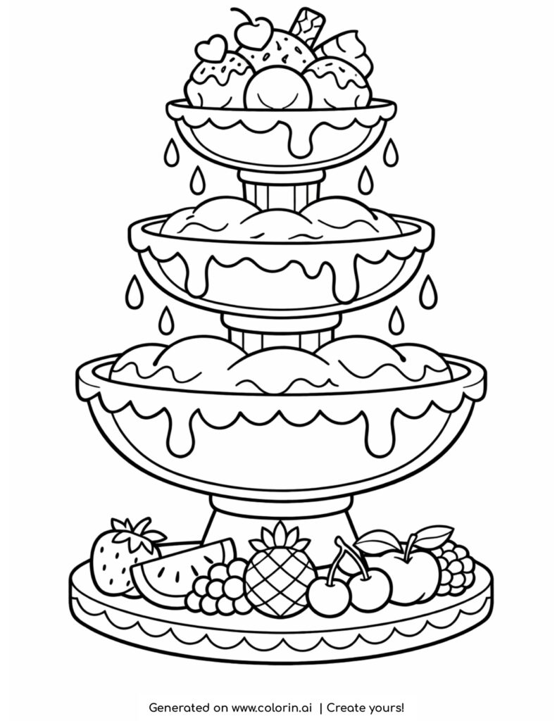 three tier ice cream fountain with dripping scoops and fruits coloring page