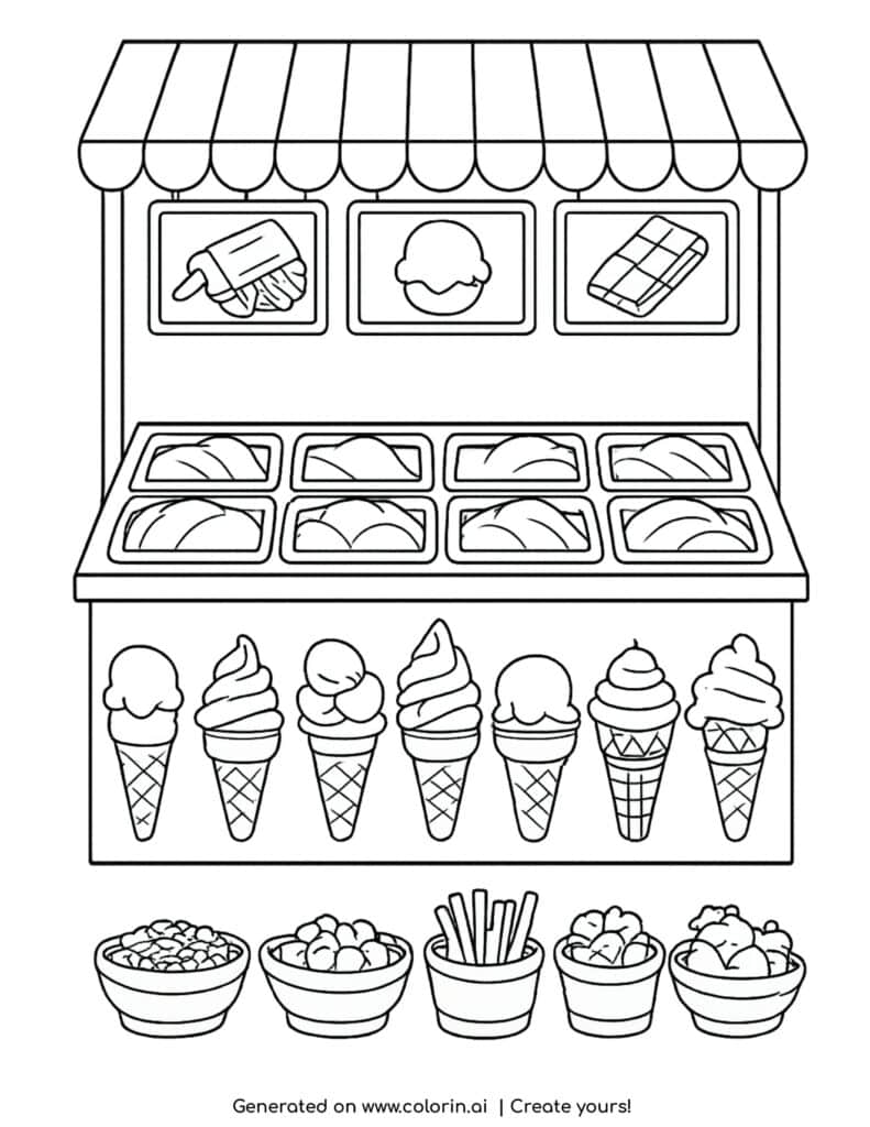 ice cream shop display with cones toppings and dessert trays coloring page