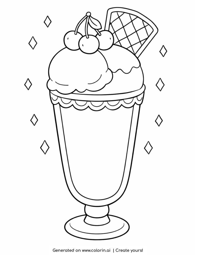 ice cream sundae in tall glass with cherries and wafer coloring page