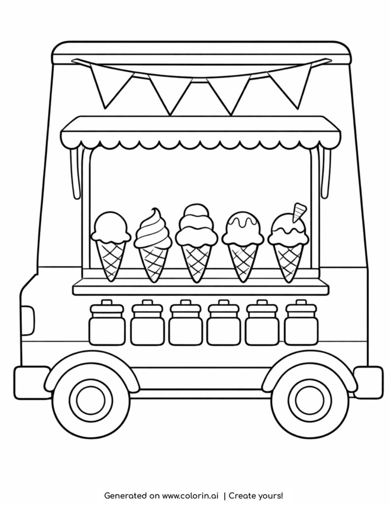 ice cream truck with cones toppings jars and flags coloring page