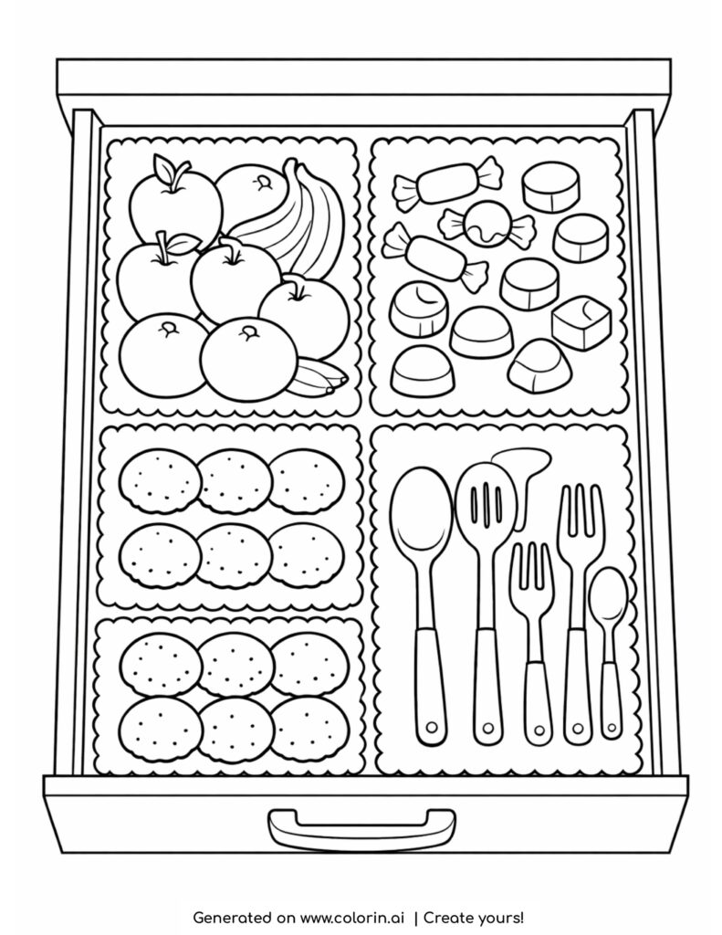 kitchen drawer with fruits sweets cookies and utensils coloring page