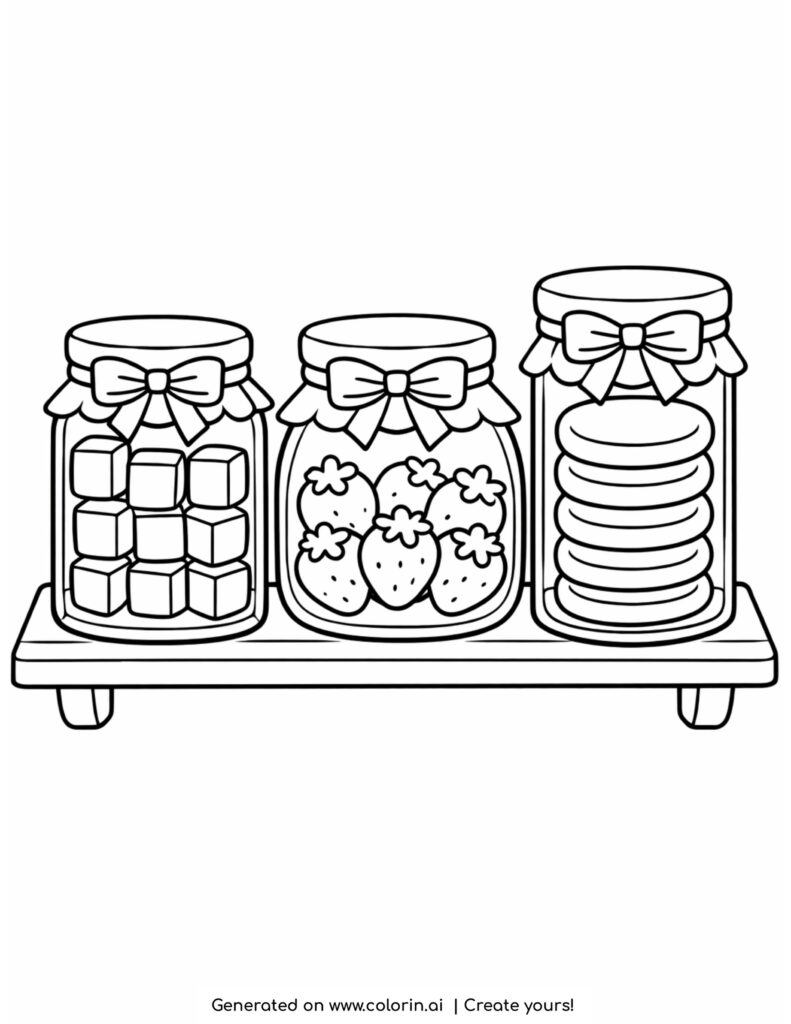 kitchen shelf with jars of candies strawberries and cookies coloring page