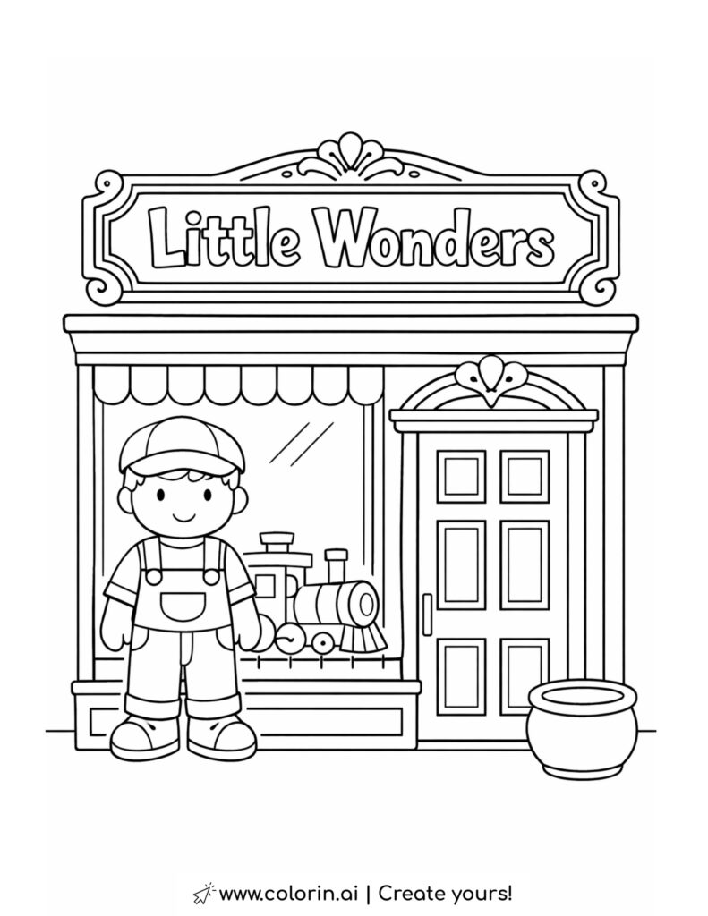 little wonders toy store storefront coloring page featuring toy display and shop window coloring page