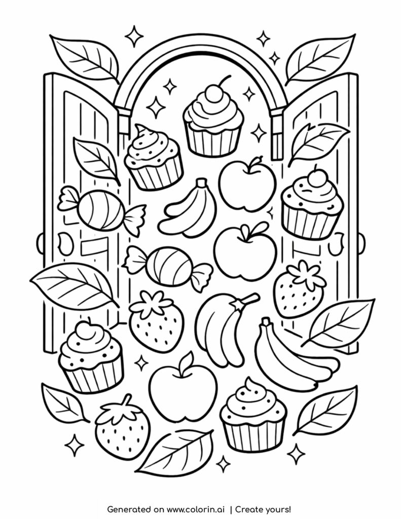 magic door with floating cupcakes fruits candies and leaves coloring page