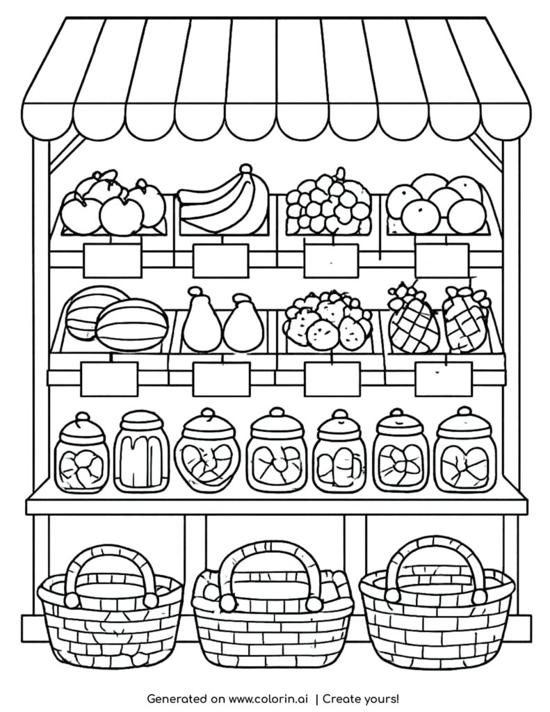 market stand with fruits jars of sweets and baskets coloring page