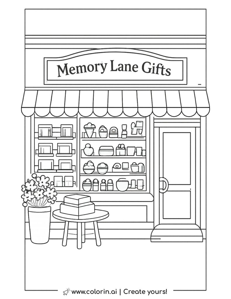 memory lane gifts storefront coloring page featuring shop window display and awning coloring page
