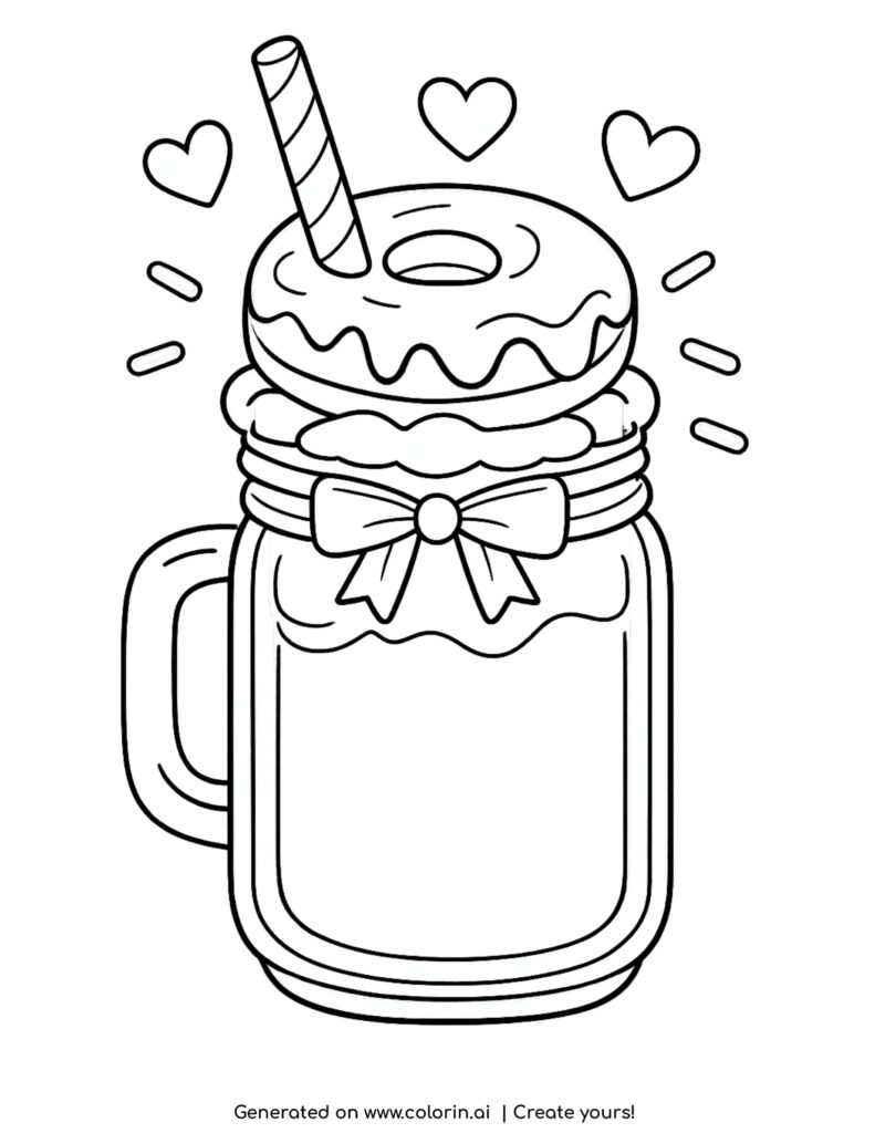 mason jar milkshake with donut straw hearts and bow coloring page