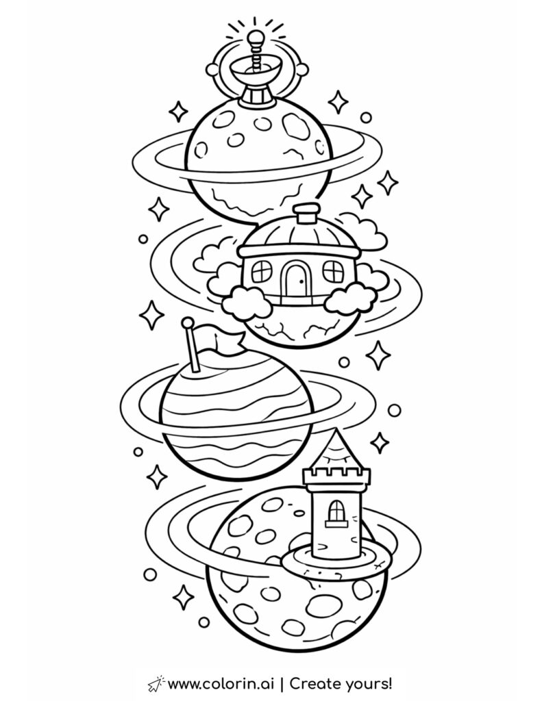 mini solar system planets with space buildings coloring page