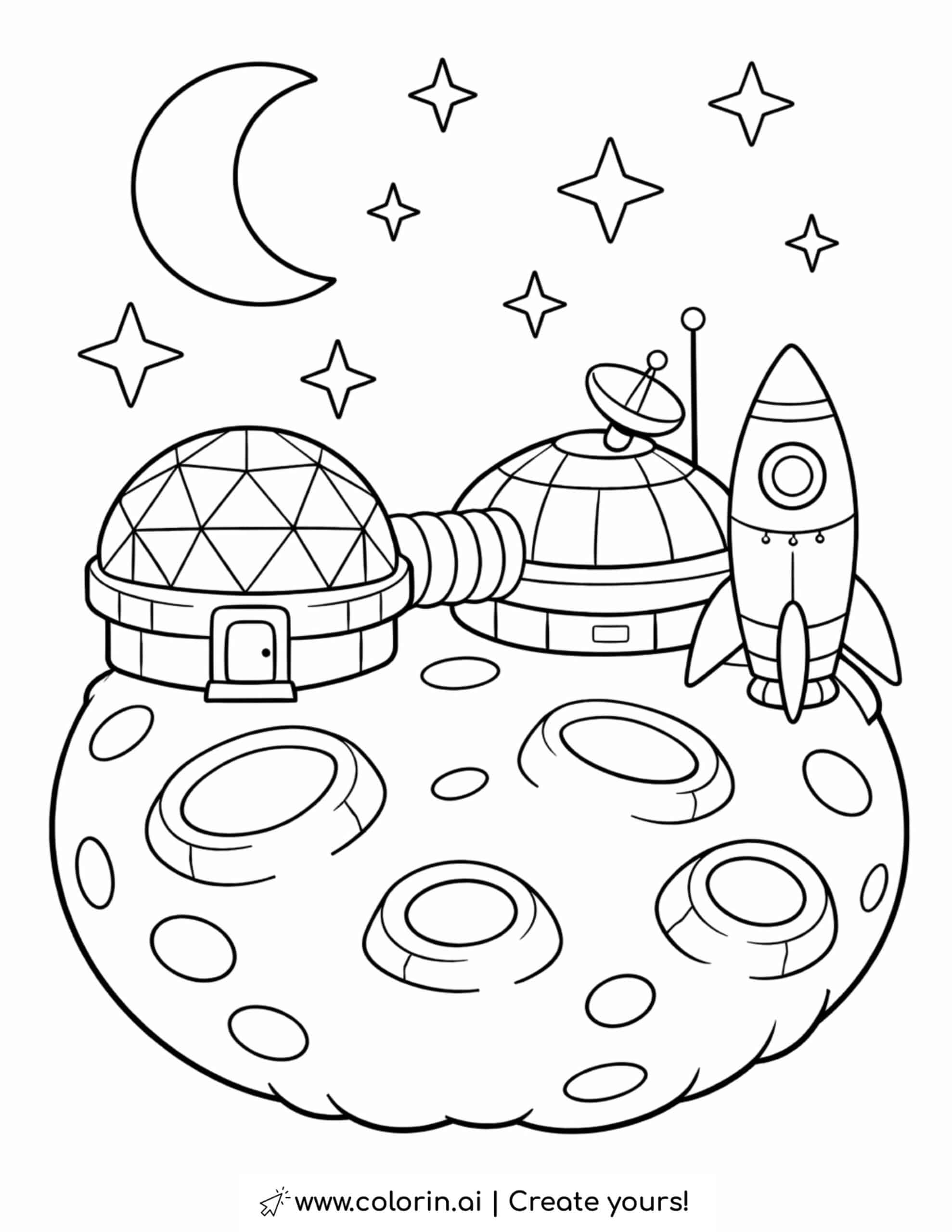 Moon Base and Rocket Coloring Page | Free Printable