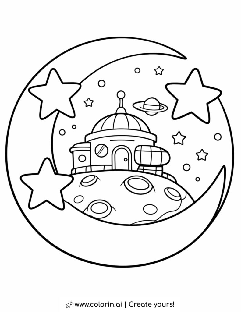 space base on cratered planet inside crescent moon coloring page