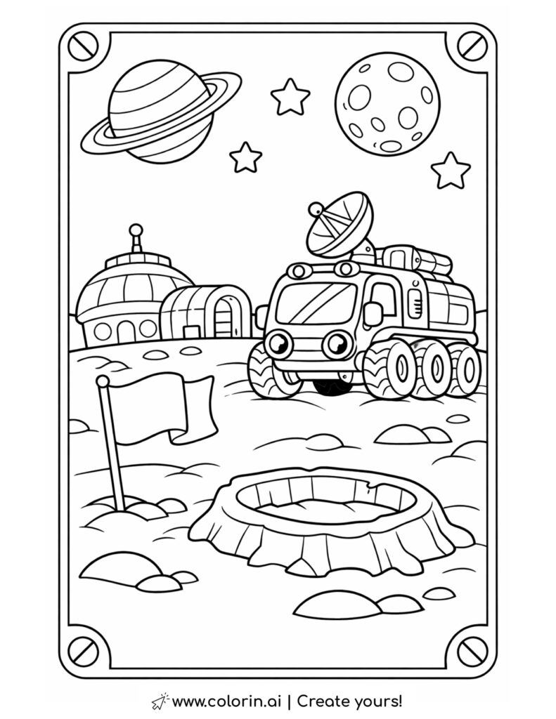 moon rover exploring lunar base with planets coloring page
