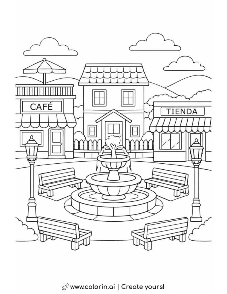 neighborhood plaza with cafe and shop coloring page featuring fountain benches and storefronts coloring page