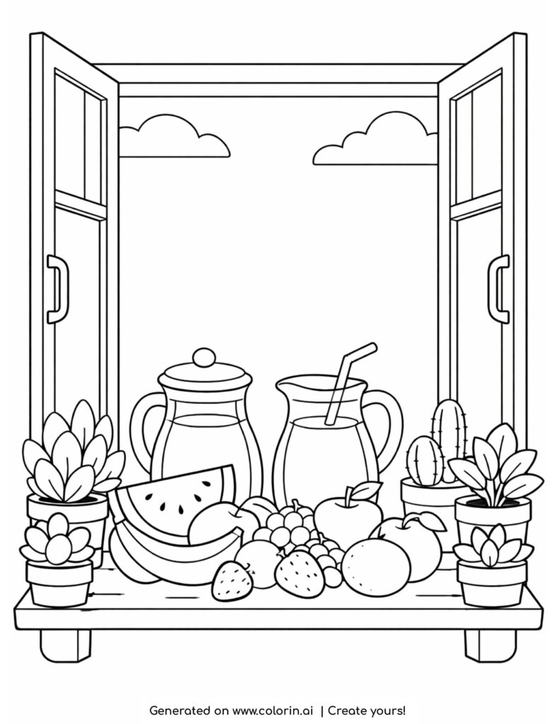 open window with fruit juice jars plants and fresh fruits coloring page