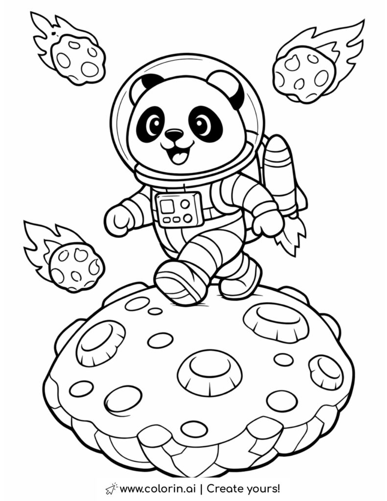 panda astronaut walking on asteroid coloring page