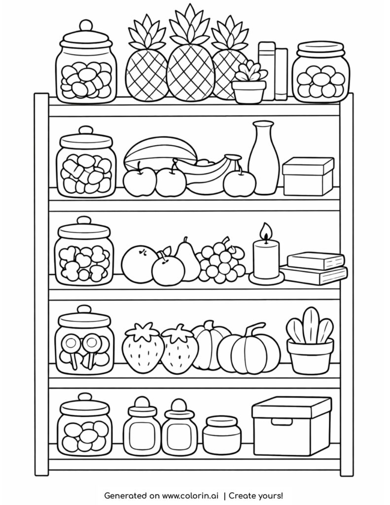 pantry shelf with fruits jars plants and decorative items coloring page