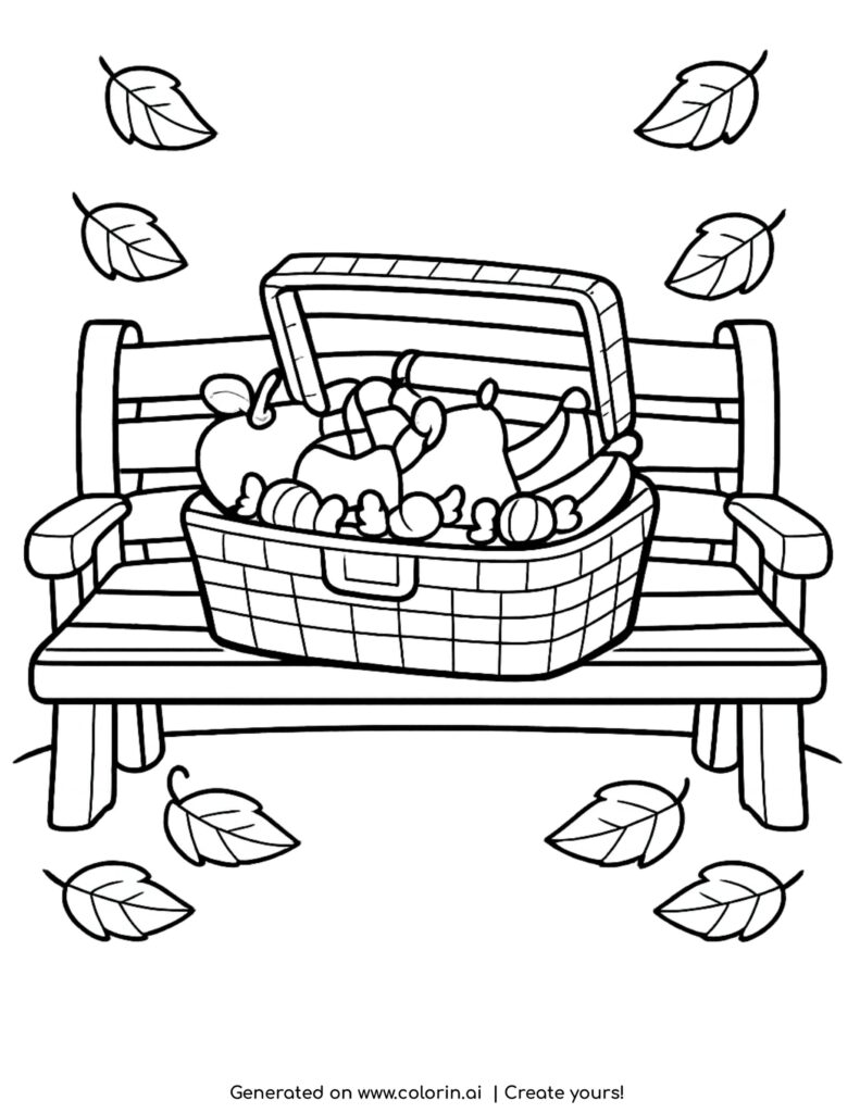 park bench with picnic basket full of fruits and candies and falling leaves coloring page
