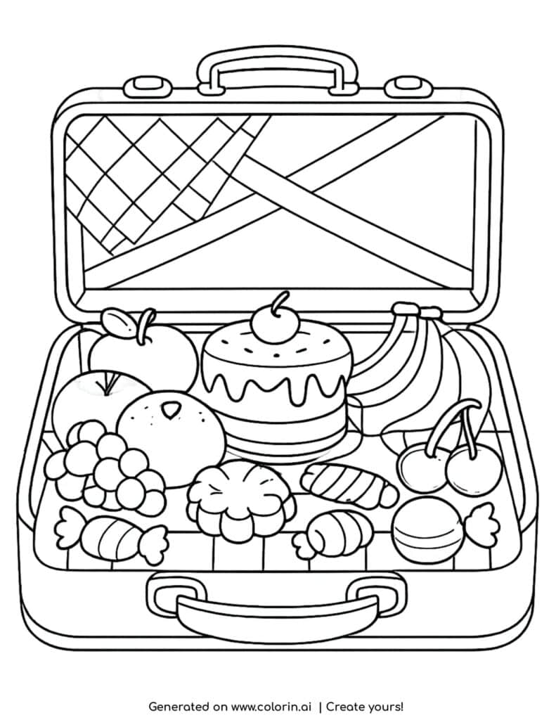 open suitcase with cake fruits and candies picnic coloring page