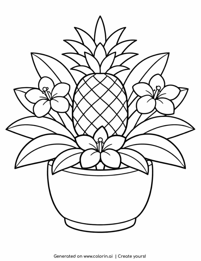 pineapple plant in pot with tropical leaves and flowers coloring page