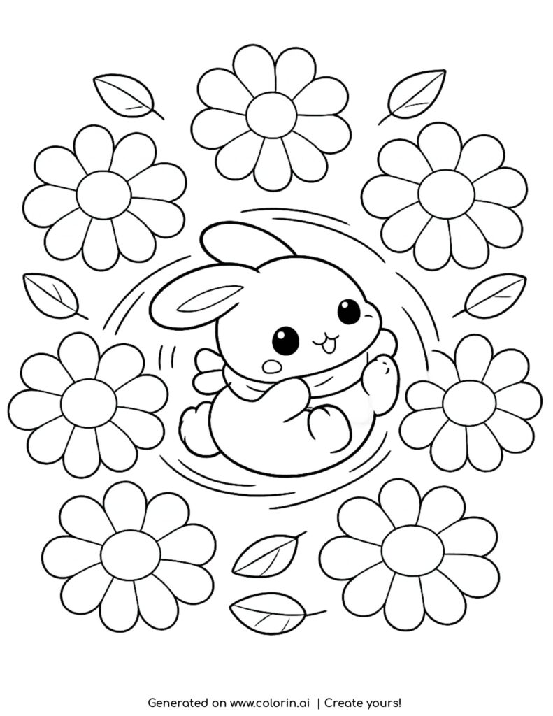 cute bunny rolling among flowers with leaves coloring page