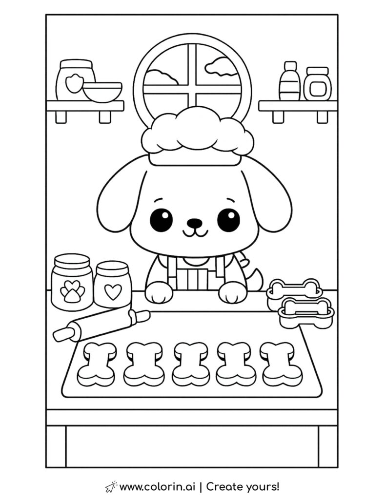 puppy baking bone cookies coloring page with cookie molds jars and kitchen shelves