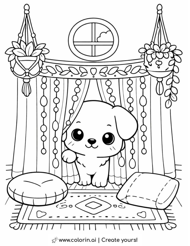 puppy behind beaded curtain coloring page with pillows plants boho room and round window coloring page