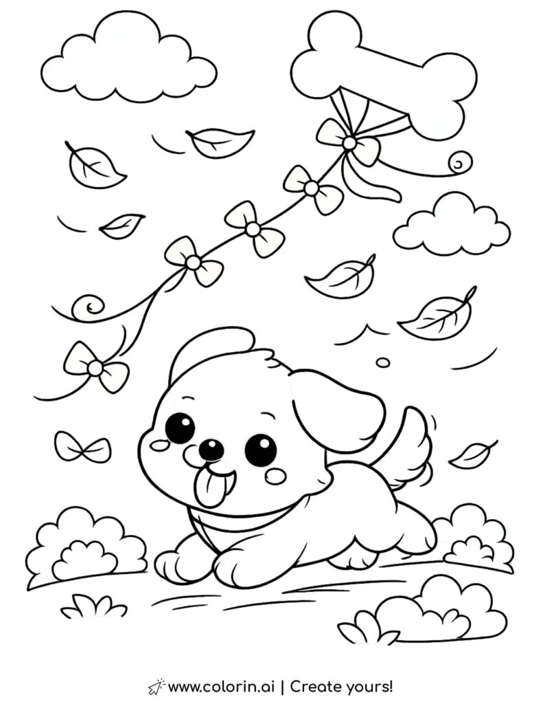 puppy chasing bone shaped kite coloring page with flying leaves clouds and bows coloring page