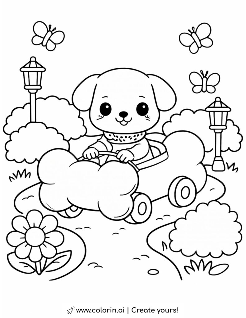 puppy driving bone shaped car coloring page with butterflies flowers bushes and park lamps coloring page