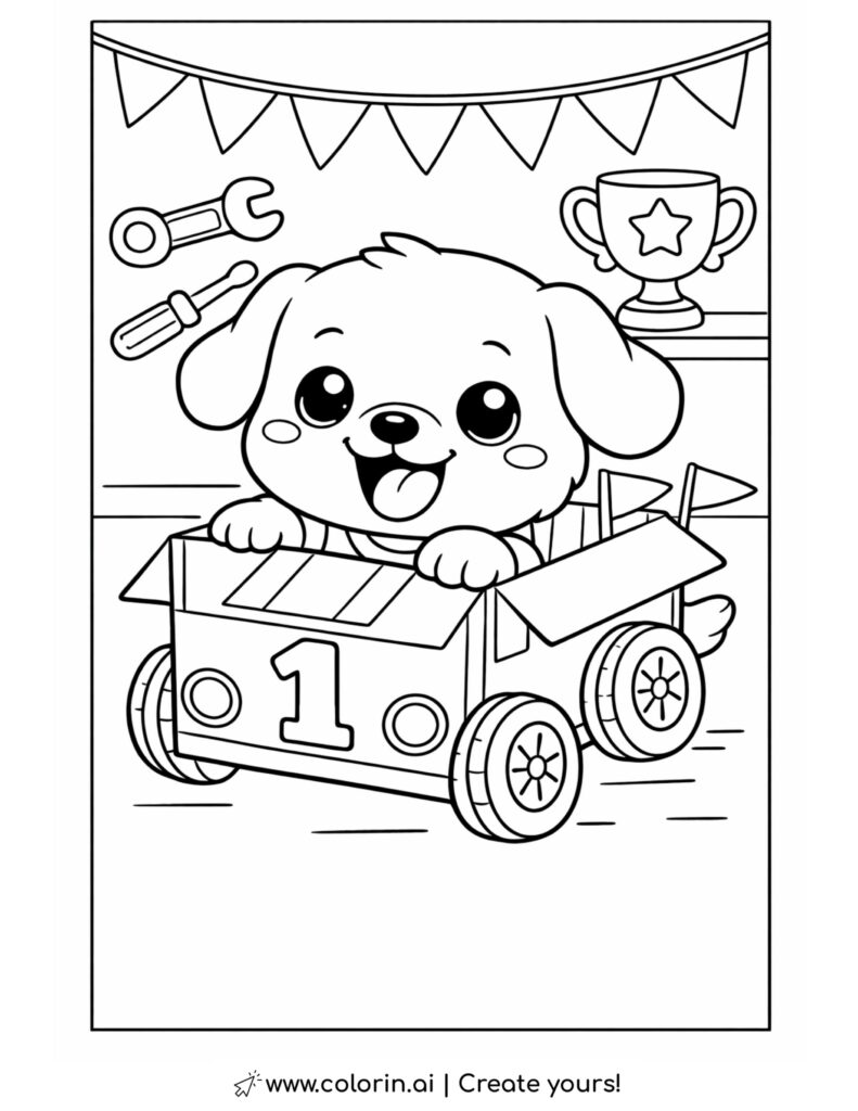 puppy driving cardboard race car coloring page with toy tools trophy and racing flags coloring page
