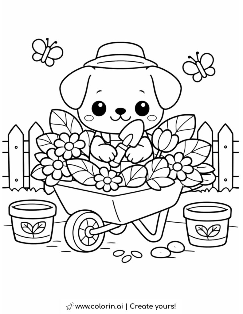 puppy gardening in a flower wheelbarrow coloring page with flowers butterflies and garden pots