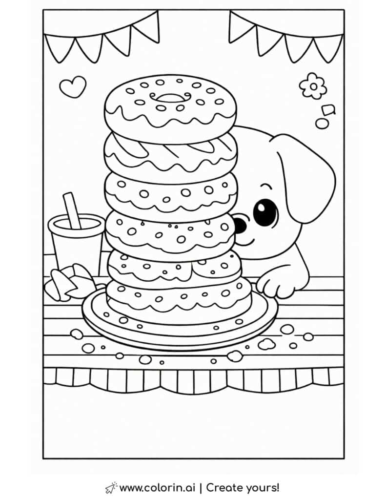 puppy hiding behind donut tower coloring page with stacked donuts cookies and snack table coloring page