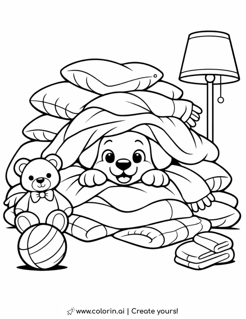 puppy hiding in a pile of pillows coloring page with blankets toys and a cozy room scene