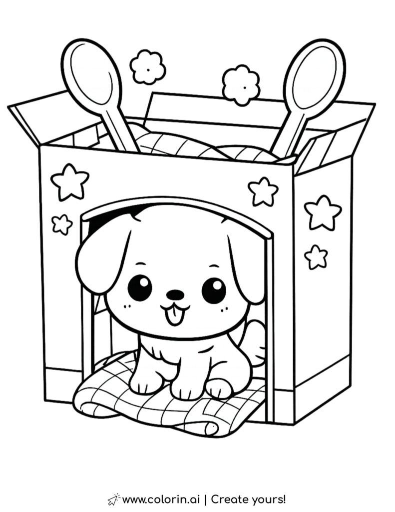 puppy in cereal box house coloring page with spoons cereal blanket and stars coloring page Image File Name: